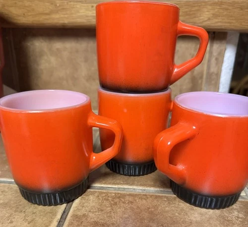 4 Vintage Anchor Hocking Fire King Ware 8oz Red/Black Milk Glass Coffee Mugs