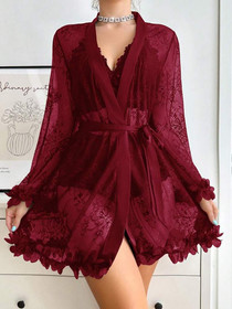 Sexy 4PCS Lingerie Set for Women&mdash;Robe & Belt & Bra & Short, Lace  Sleepwear