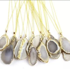 Gray Agate Slice Charm Necklace w/ Gold Tone Trim, Agate Rock, Healing Gemstone