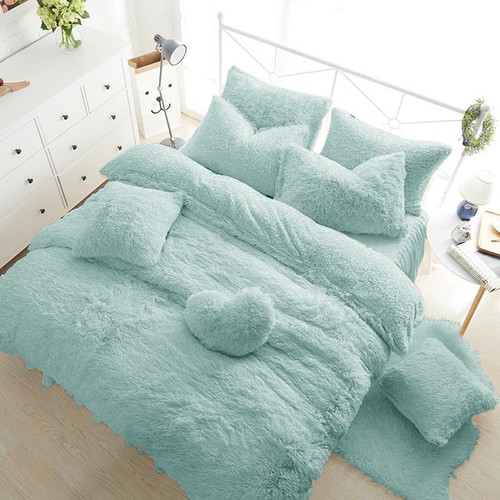 TEDDY BEAR FLEECE DUVET COVER WARM COZY FITTED SHEET + PILLOW CASE DUCK EGG - Picture 7 of 20