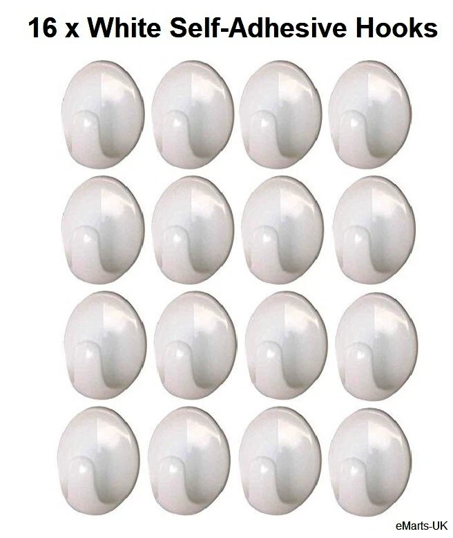 Self Adhesive Hooks White Plastic Strong Sticky Stick on Wall Door Hang -  16 Pcs