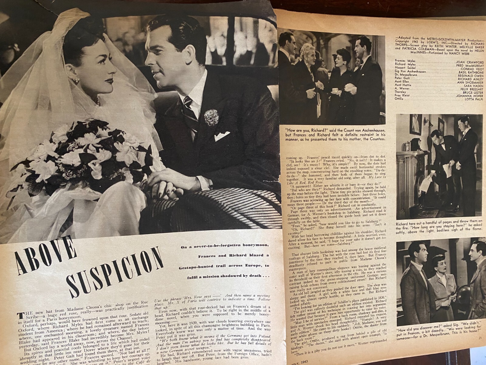 Above Suspicion, Joan Crawford, Fred MacMurray, Six Page Vintage Clipping, a