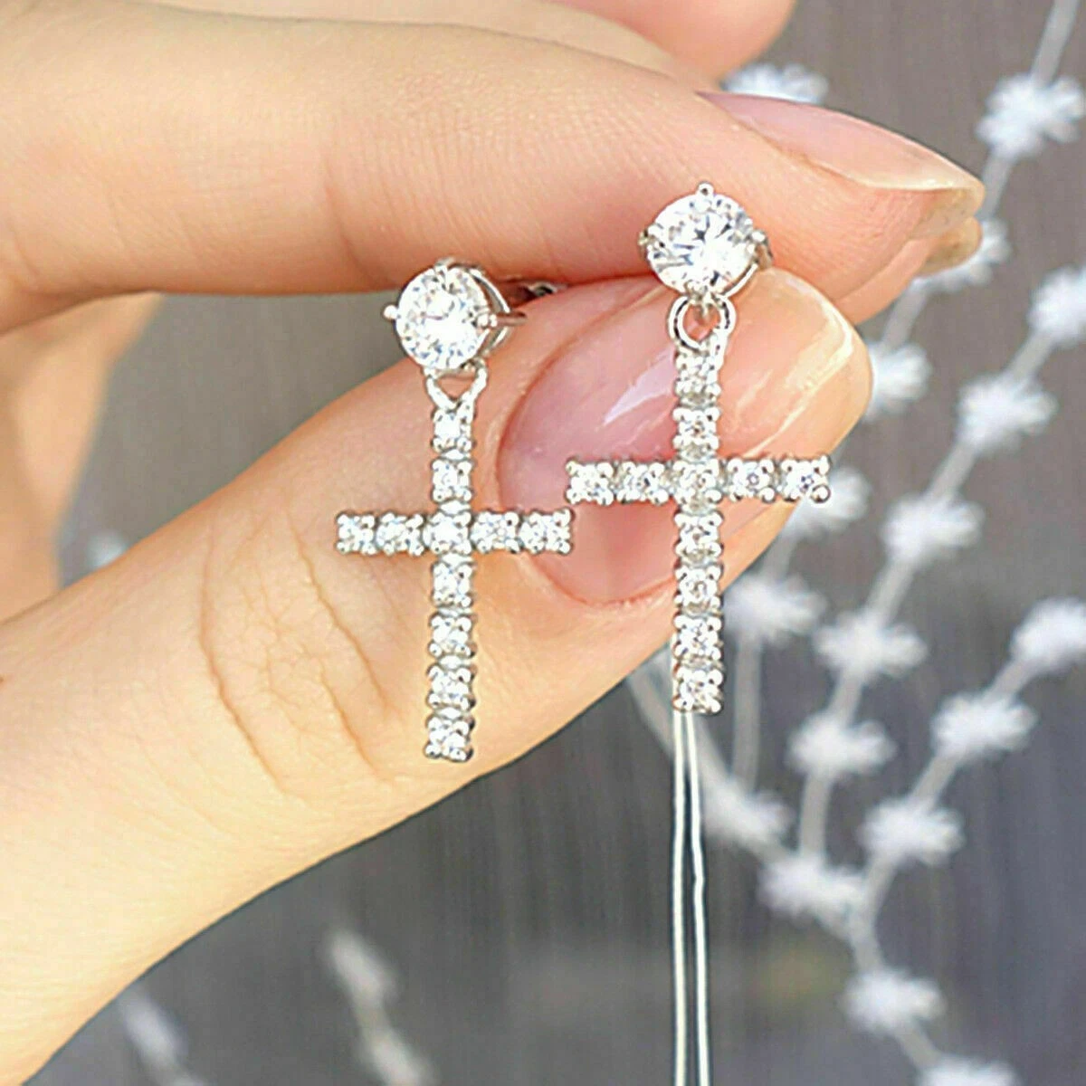 Diamond cross drop earrings outlet