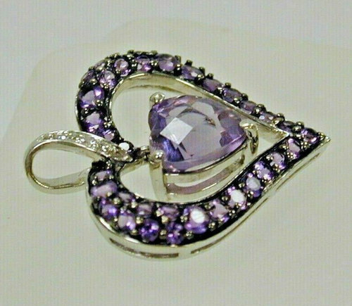 1.50Ct Heart Cut Lab Created Purple Amethyst Pendant in 14k White Gold Plated - Picture 3 of 6