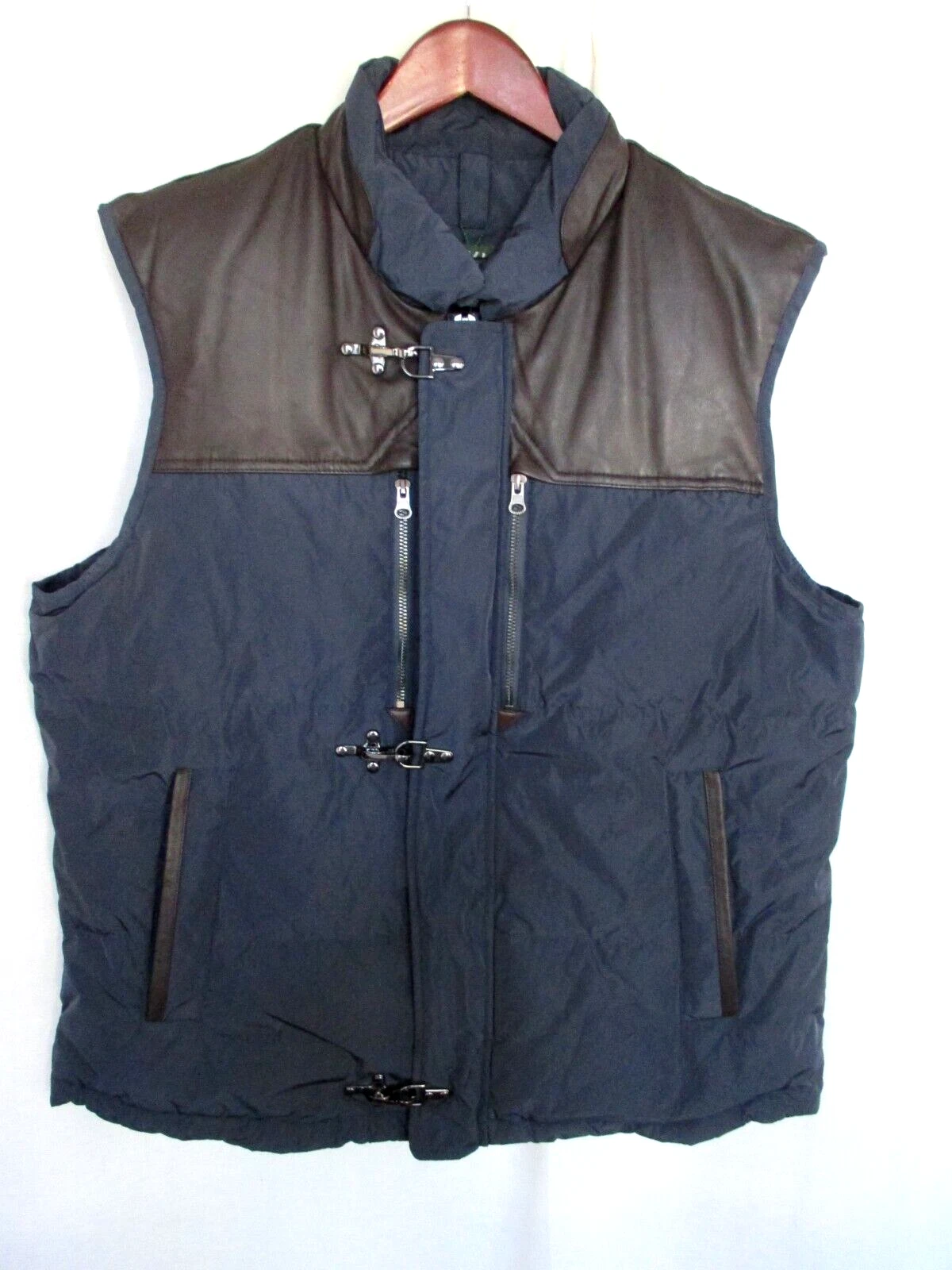 Orvis Down Puffer Vest Large Navy Blue w/ Black Leather Trim