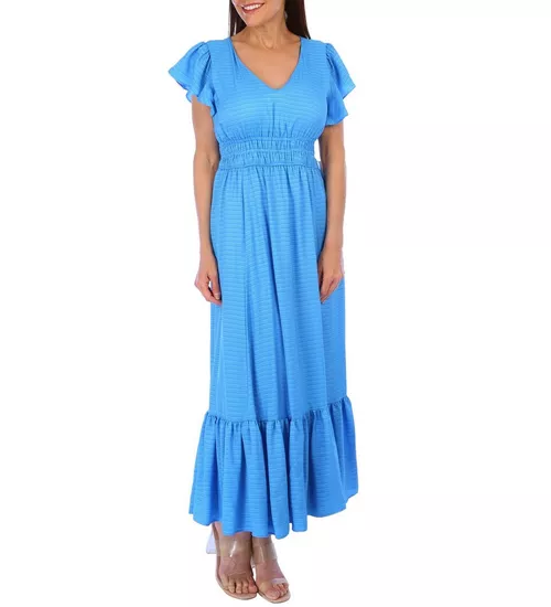 TAYLOR Women's Smocked & Tiered Flutter Sleeve Midi Dress Lined Size XS Blue  | eBay