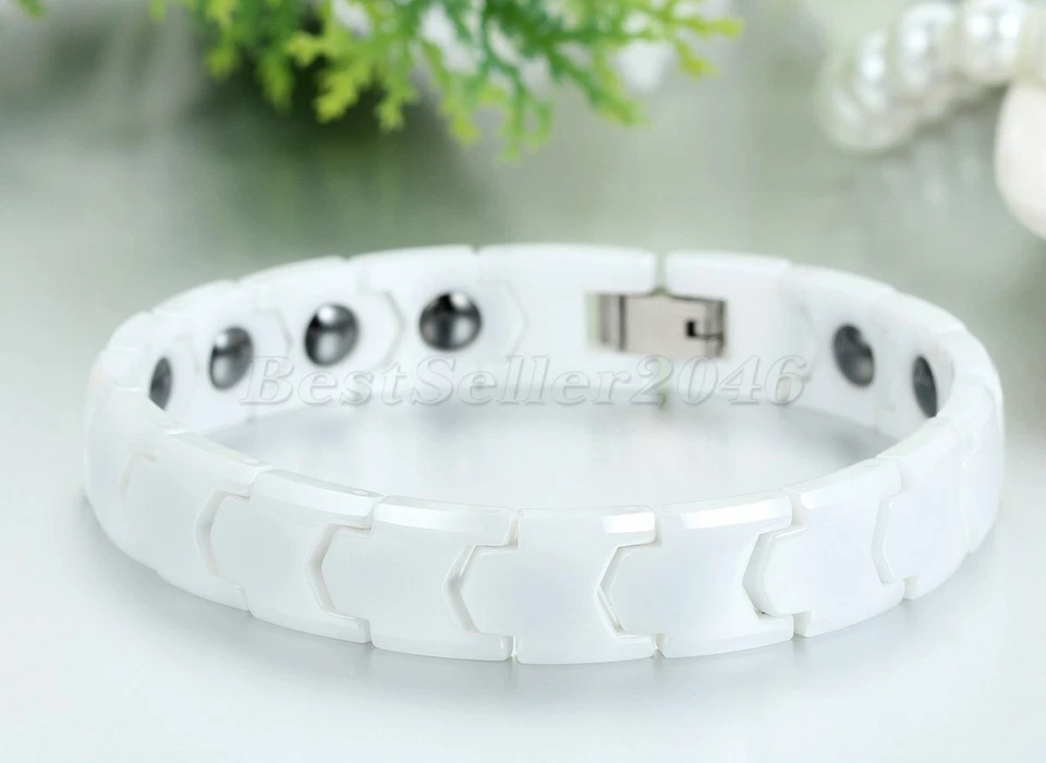 Pulseira magnética de cerâmica preta branca masculina feminina 11 mm de largura bracelete saudável 8" - Imagem 4 de 4