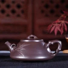 Handmade Tea Pot Bamboo Carved Marked Real Yixing Zisha Old Purple Clay Pot Gift