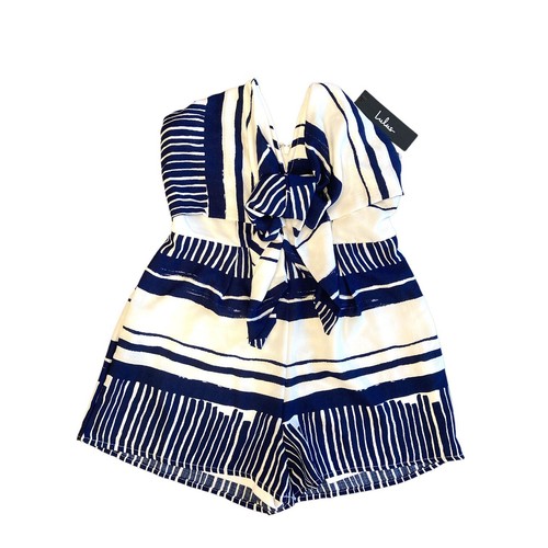 Lulu's Blue and White Striped Tie-Front Womens Strapless Romper Size XS NWT
