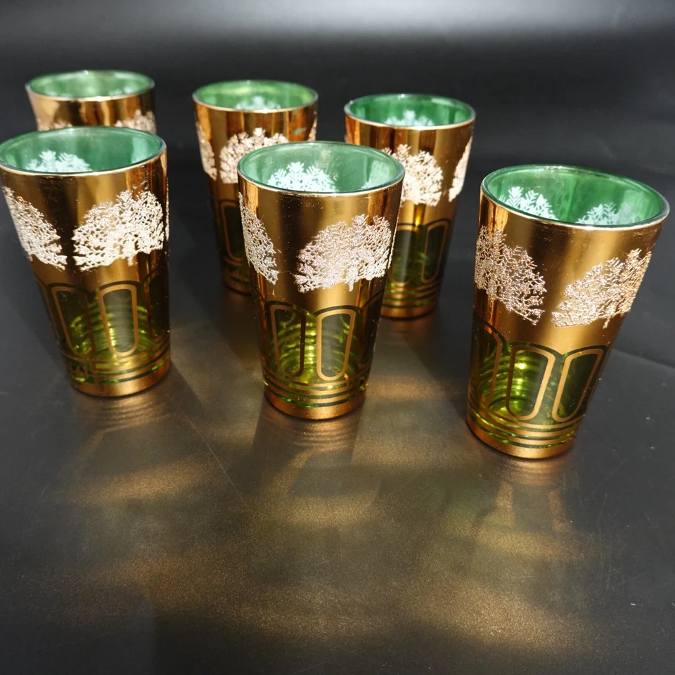Juego de 6 vasos decorados de vidrio Dynasty Korea Crown dorado verde vintage años 60 8 oz Foto 2 de 4