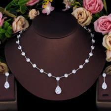 Gorgeous White Gold Plated CZ Round Tennis Wedding Necklace Earrings Jewelry Set