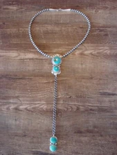 Sterling Silver Navajo Pearl & Turquoise Y Necklace Signed Tom Lewis