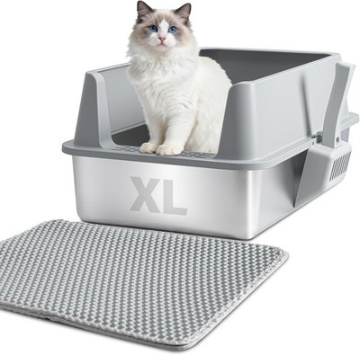 XL Stainless Steel Cat Litter Box Extra Large Litter Pan High Side w/ Scoop Mat