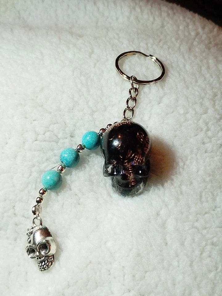 Vivianite Inside Handmade Skull . Keyring With Copper Coils And Turquoise Dangle - Image 2 of 4