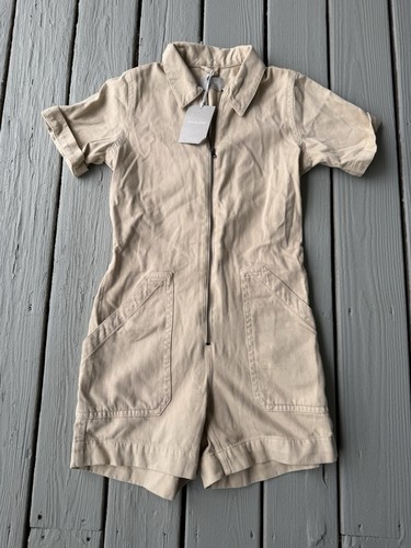 NEU Everlane Damengröße 4 The Denim beige durchgehender Reißverschluss kurzer Overall Strampler