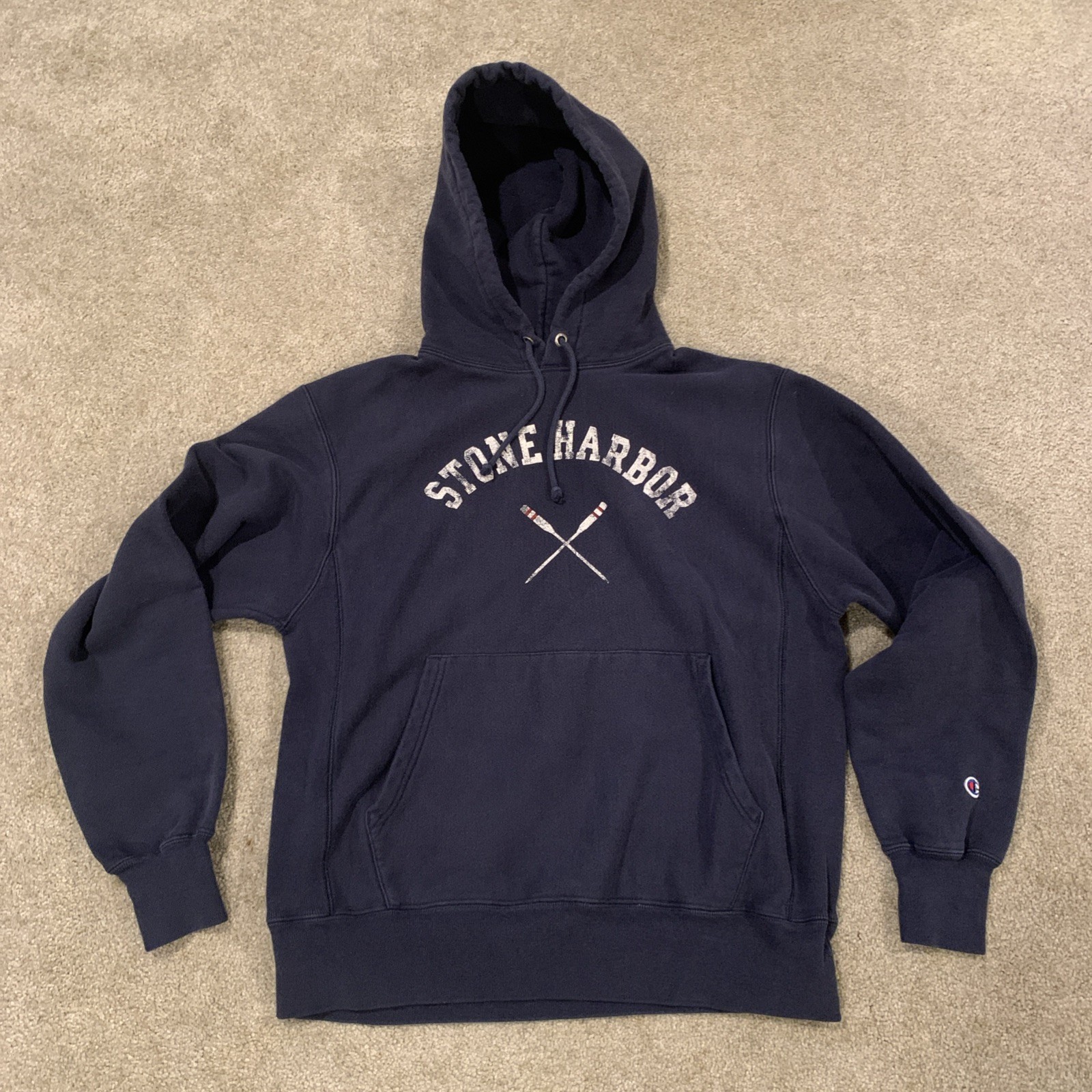 FILA Felpa con cappuccio pullover canottaggio vintage Champion Reverse Weave Stone Harbor taglia M blu navy