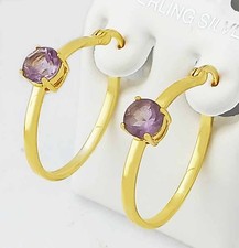 GENUINE 2.12 Cts AMETHYST HOOP EARRINGS 14K YELLOW GOLD PLATED .925 - NWT