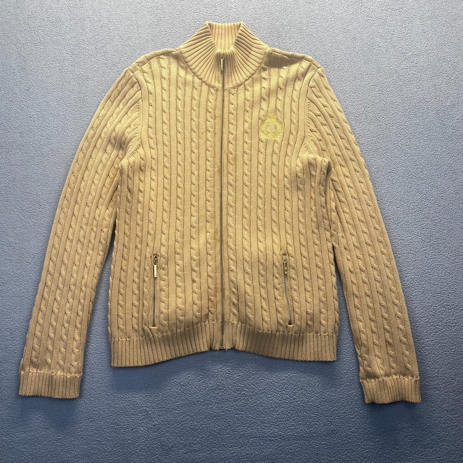 Lauren Ralph Lauren Women’s Cardigan Cable Knit Y2K Full Zip Mock Neck Jacket XL