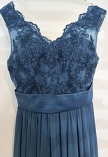 Azazie Gertrude A6 Blue Lace Chiffon Formal Maxi Dress V Back Bow