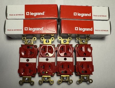 SET OF 4. LEGRAND Red PlugTail Wall Outlet Duplex Receptacles 20A 125V