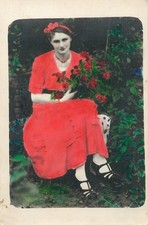 B585 Anonymous seated woman in red dress interwar period hand-colored photo 1934