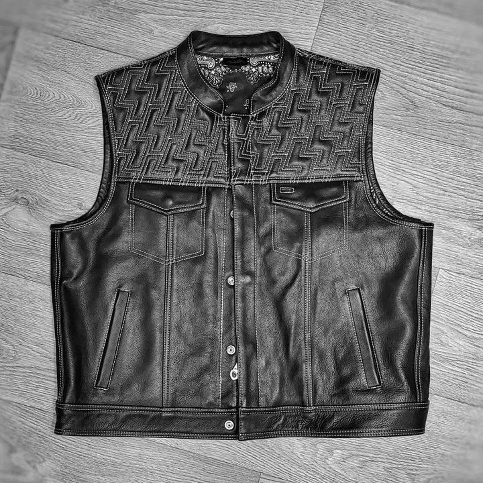 Black Quilted Leather Vest – Handmade Biker Waistcoat - Unisex Motorcycle