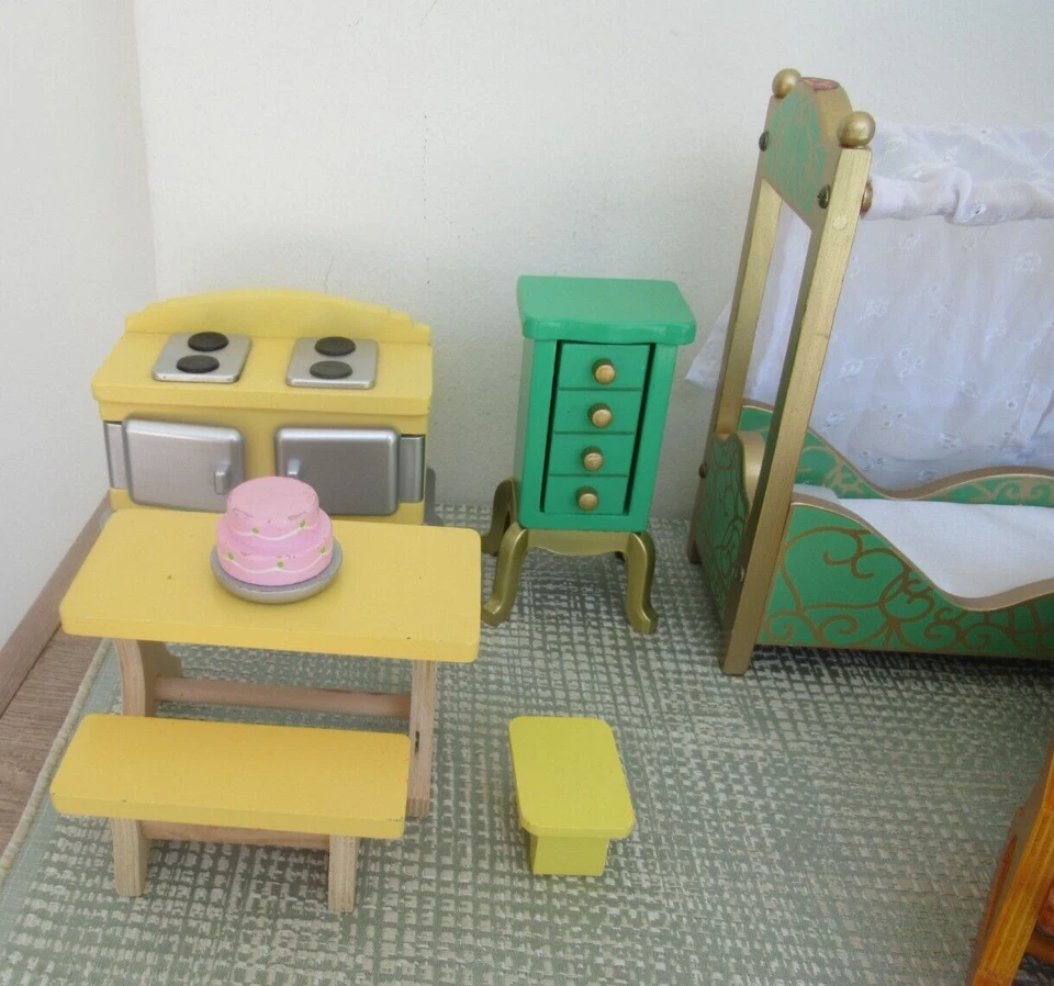 Kidkraft Lote de Muebles de Madera para Casa de Muñecas Muñeca Estufa, Mesa, Banco Dormitorio Baño Foto 3 de 4