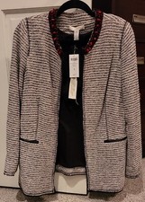 CHICO'S WOMENS SZ 1 10 JACKET BLACK ECRU STRIPE TWEED RED BEADS OPEN-NWT  159