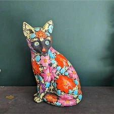 Vintage Floral Cat BANK Sculpture Hand Painted Mid Century Italy Alvino Bagni
