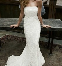 Galina Wedding Dress White style S8551 Size 4 Allover Beaded Lace Sheath Empire