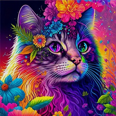 Full Embroidery Cotton Thread 11CT Print Colorful Cat Cross Stitch 40x40cm Deu