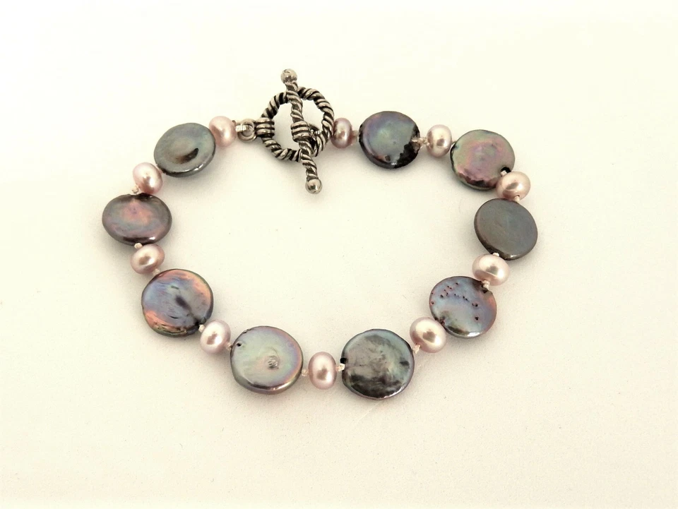 灰色薰衣草硬币珍珠手链/粉红色珍珠口音/手工制作 7-7.5 — 第 2/4 张图片