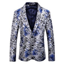 Mens Floral Jacquard Suit Blazer Dress Jacket Tuxedo Single-Breasted Party