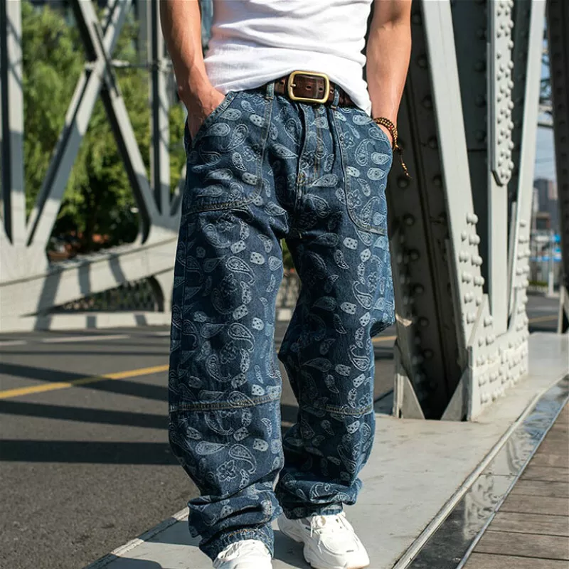 Men Baggy Jeans Retro Paisley Denim Pants Hip Hop Casual Straight Leg  Trousers