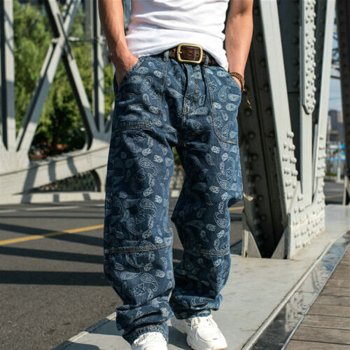 Men Baggy Jeans Paisley Denim Pants Hip Hop Wide Leg Straight Leg Trousers Blue - Picture 1 of 11