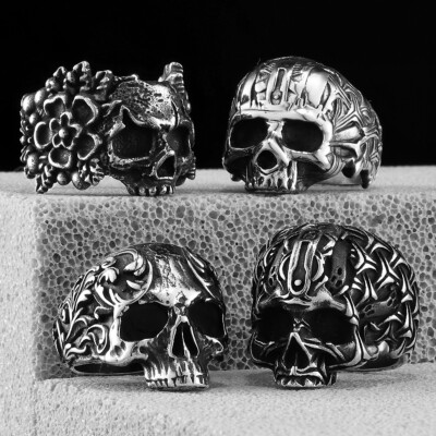 Carved Weave Skull Rings Stainless Steel Jewelry Vintage Black Gothic  Fashion