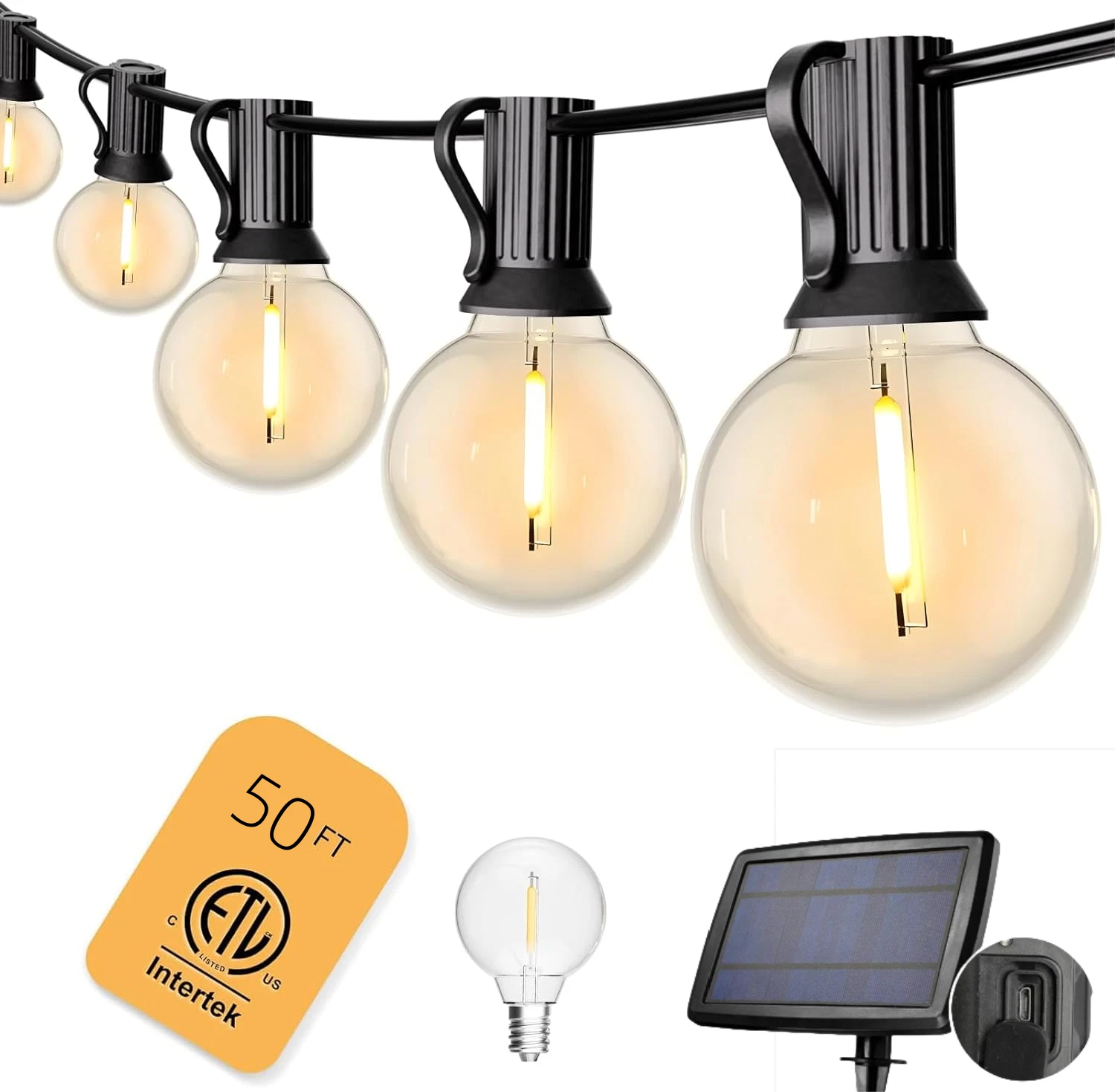Solar String Lights Outdoor 50FT Waterproof ST38 LED Light Bulb For Garden Party
