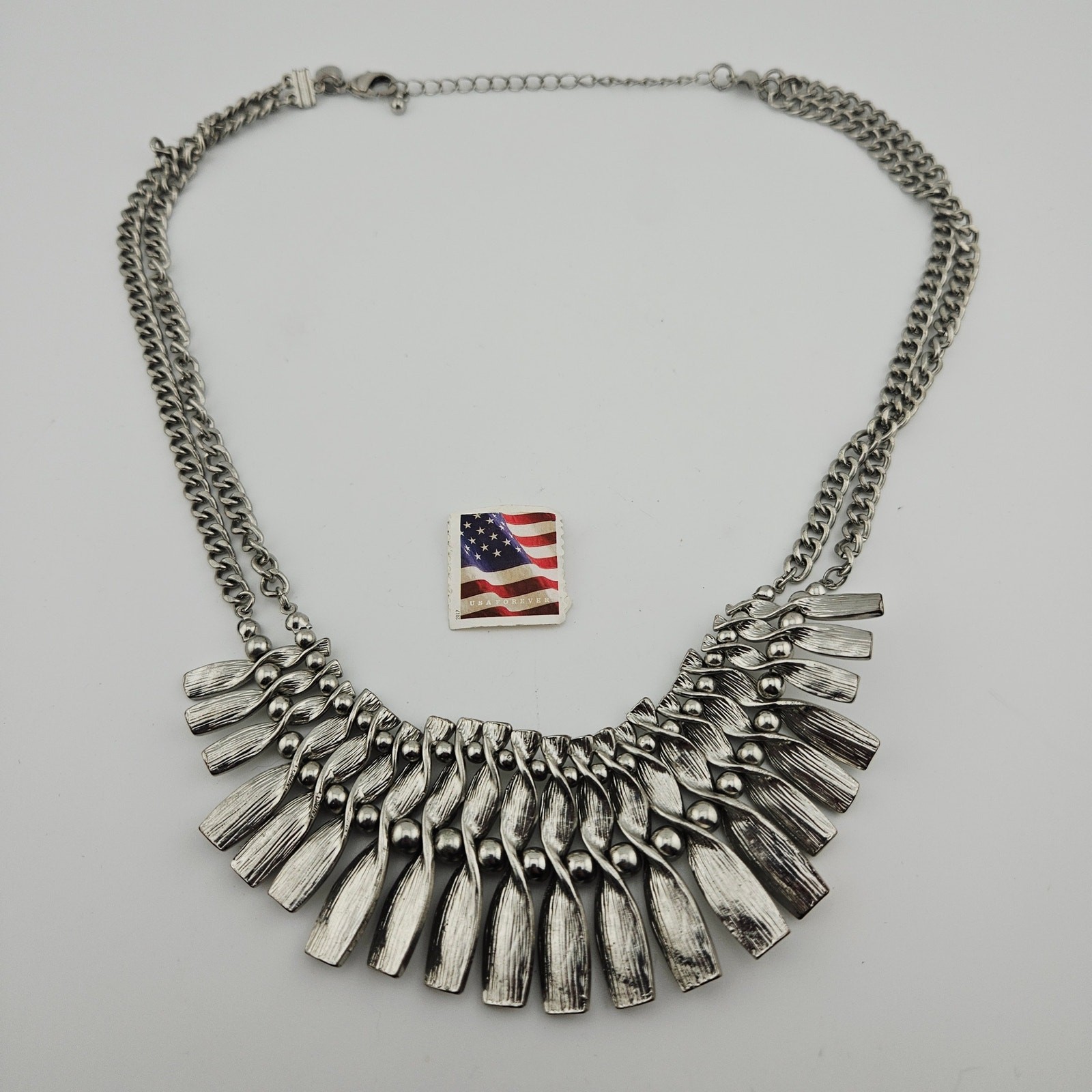 Express Silver Tone Statement Necklace Dangle Fri… - image 4