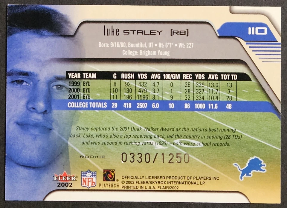 2002 Flair #110 Luke Staley Rookie RC Sp /1250 Detroit Lions - Image 2 of 2