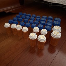 Lot of 40 Empty Pill Rx Bottles Plastic Amber Storage Child Proof Lids