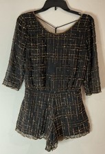 RAGA Women’s Romper Beaded Black Gold 3/4 Sleeve Open Back Size XS NWT