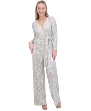 Eliza J Sequin Wrap Front Long Sleeve Jumpsuit - Silver - 12