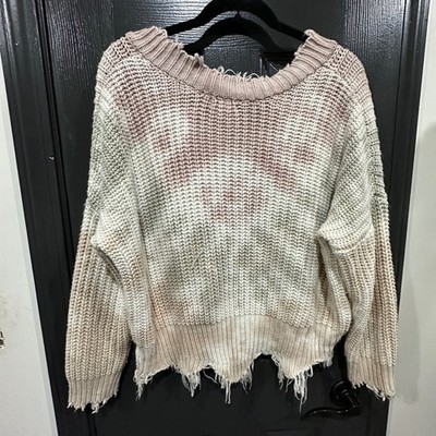 Main Strip Distressed Tie Dye Chunky Knit V-Neck Sweater Tan Cream Small