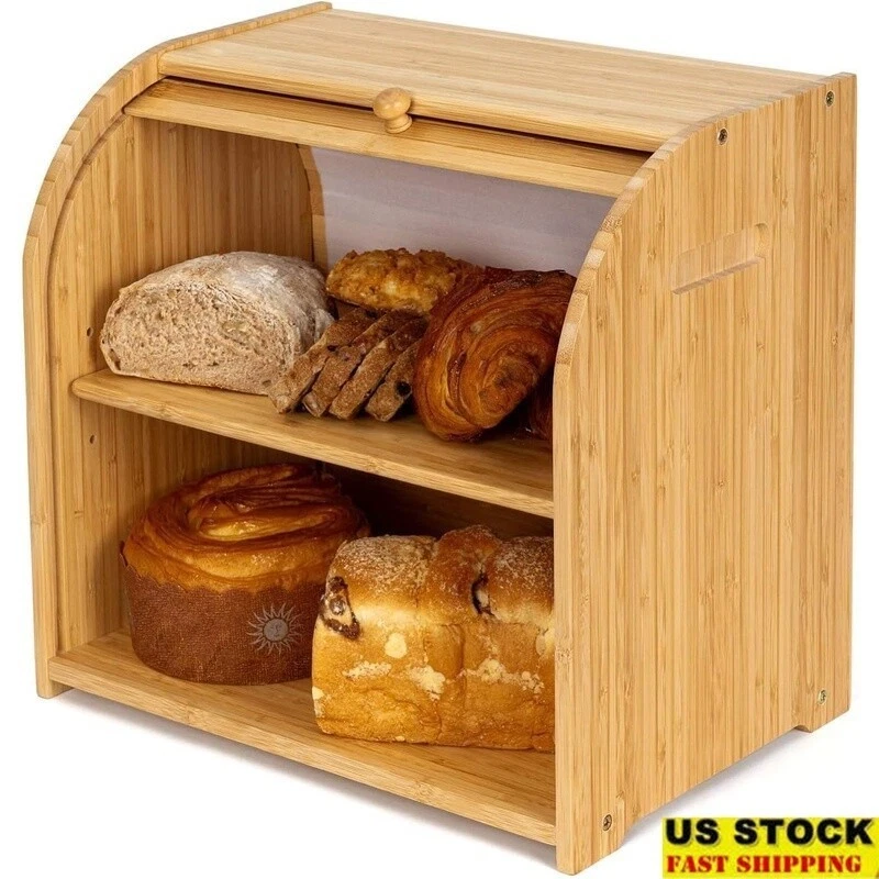 Bamboo Roll Top Bread Box Kitchen Storage Adjustable Shelf Bread Keeper New