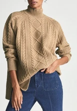 REISS Sweater Sz S Camel Brown Fisherman Cable Knit Wool Blend Mock Neck Jumper