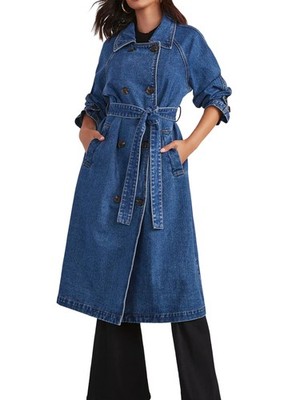 Lässiger zweireihiger langer Denim Trenchcoat Jeansjacke für Damen 8374