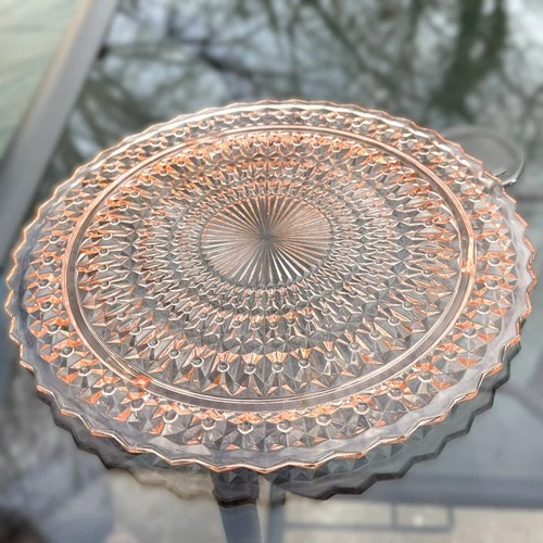 Pink Depression Glass Footed Cake Plate 10.5" Jeannette Holiday Button Bows 1930