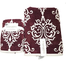 KASSAFINA WHITE,BURGUNDY WINE MAROON COTTON DAMASK DESIGN BATH,OR 2 HAND TOWEL