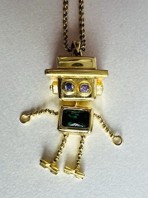 Cute Brend New Gold Robot Charm Necklace Pendant with Stone