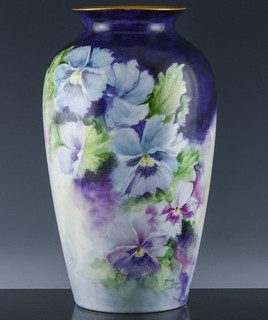 BEAUTIFUL LARGE ARTIST SIGNED HAND PAINTED PANSY FLOWERS PORCELAIN VASE LIMOGES